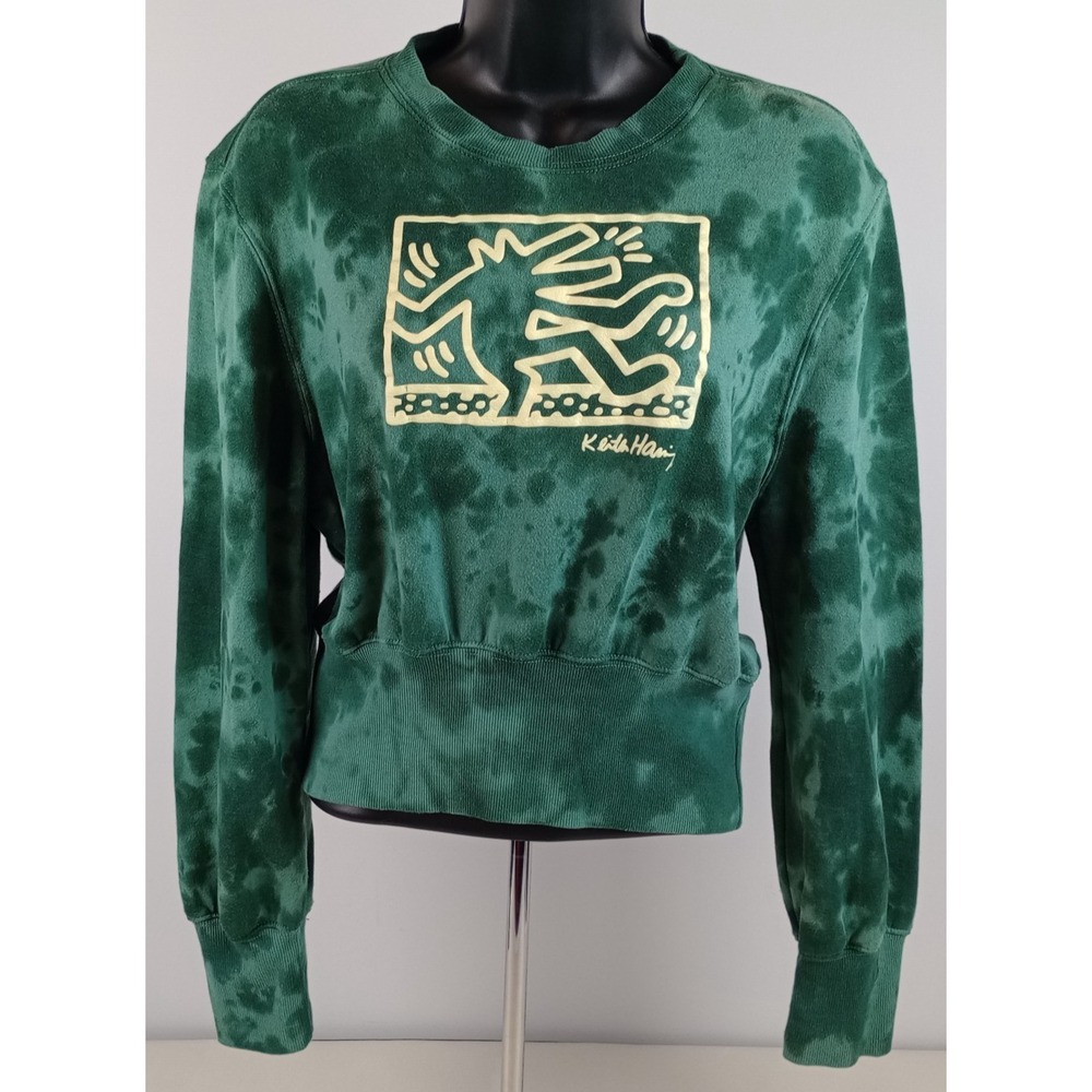 Keith Haring Womens L Green Long Sleeve Crop Wide Waist Band Sweatshirt